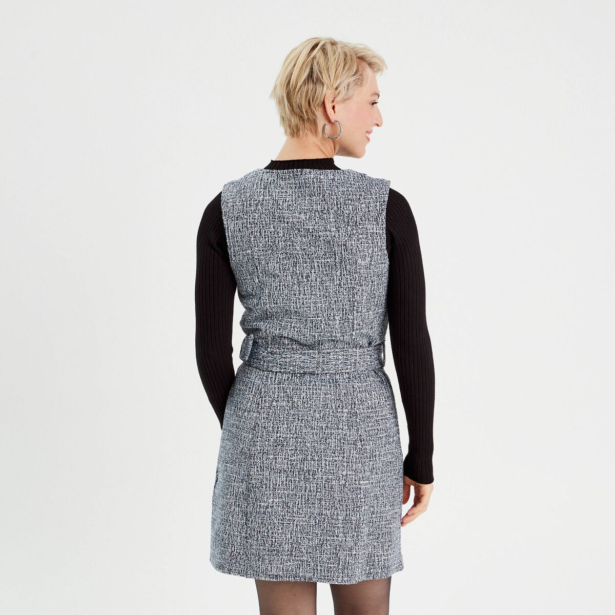 Robe cintrée ceinturée tweed bleu femme
