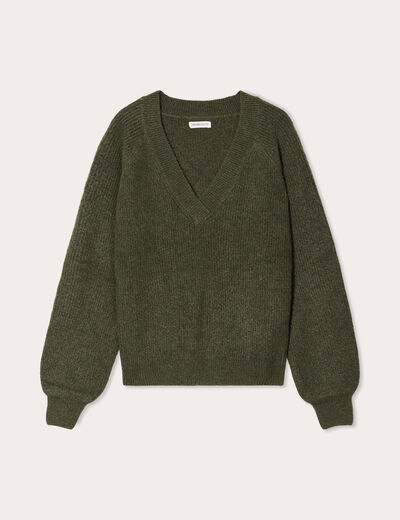 Pull avec col en V vert kaki femme