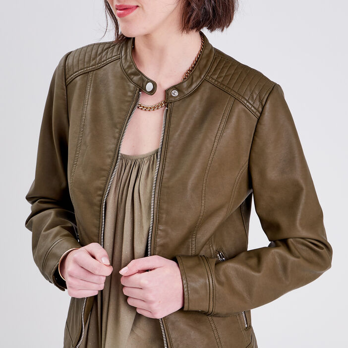 Veste esprit motard droite vert kaki femme