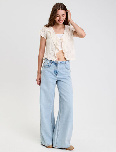 Blouse ajourée décolleté manches courtes ecru femme