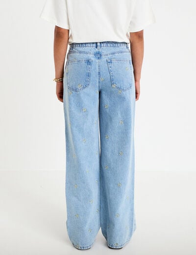 Jean wide leg broderie taille haute bleu femme