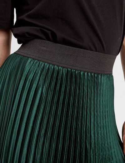 Jupe longue patineuse plissée vert foncé femme