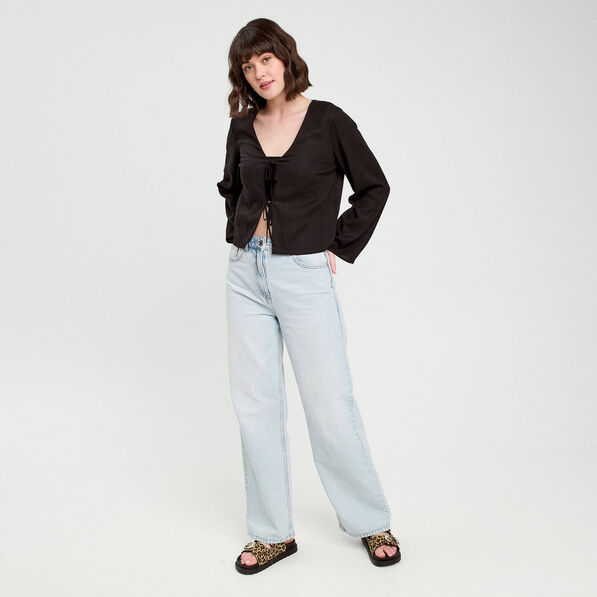 Blouse nouée mélange lin noir femme