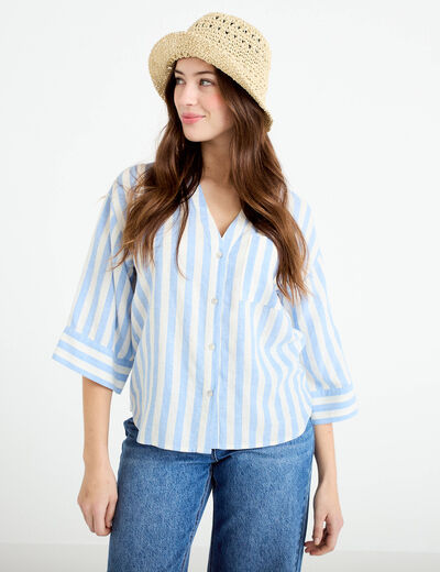 Blouse col V manches 3/4 bleu pastel femme