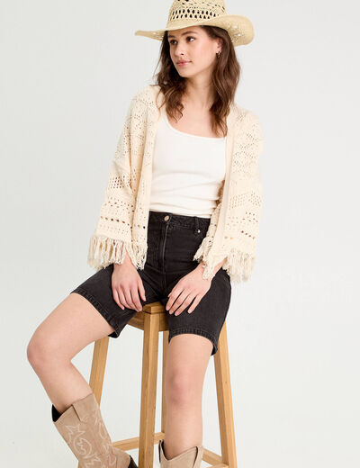 Gilet ajouré avec franges ecru femme