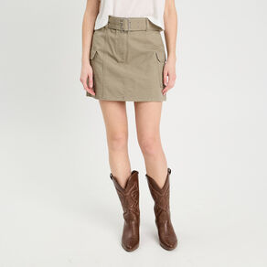 Jupe droite ceinturée vert kaki femme