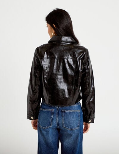 Veste droite cropped en similicuir noir femme