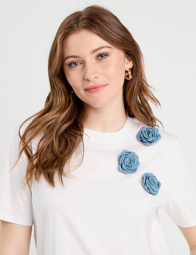 T-shirt détails fleurs blanc femme