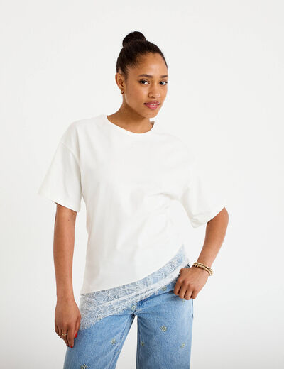 T-shirt oversize longue dentelle ecru femme