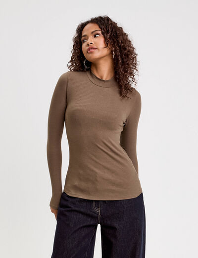 T-shirt manches longues c&ocirc;tel&eacute; vert kaki femme