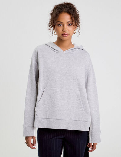 Sweat droit long &agrave; capuche gris clair femme