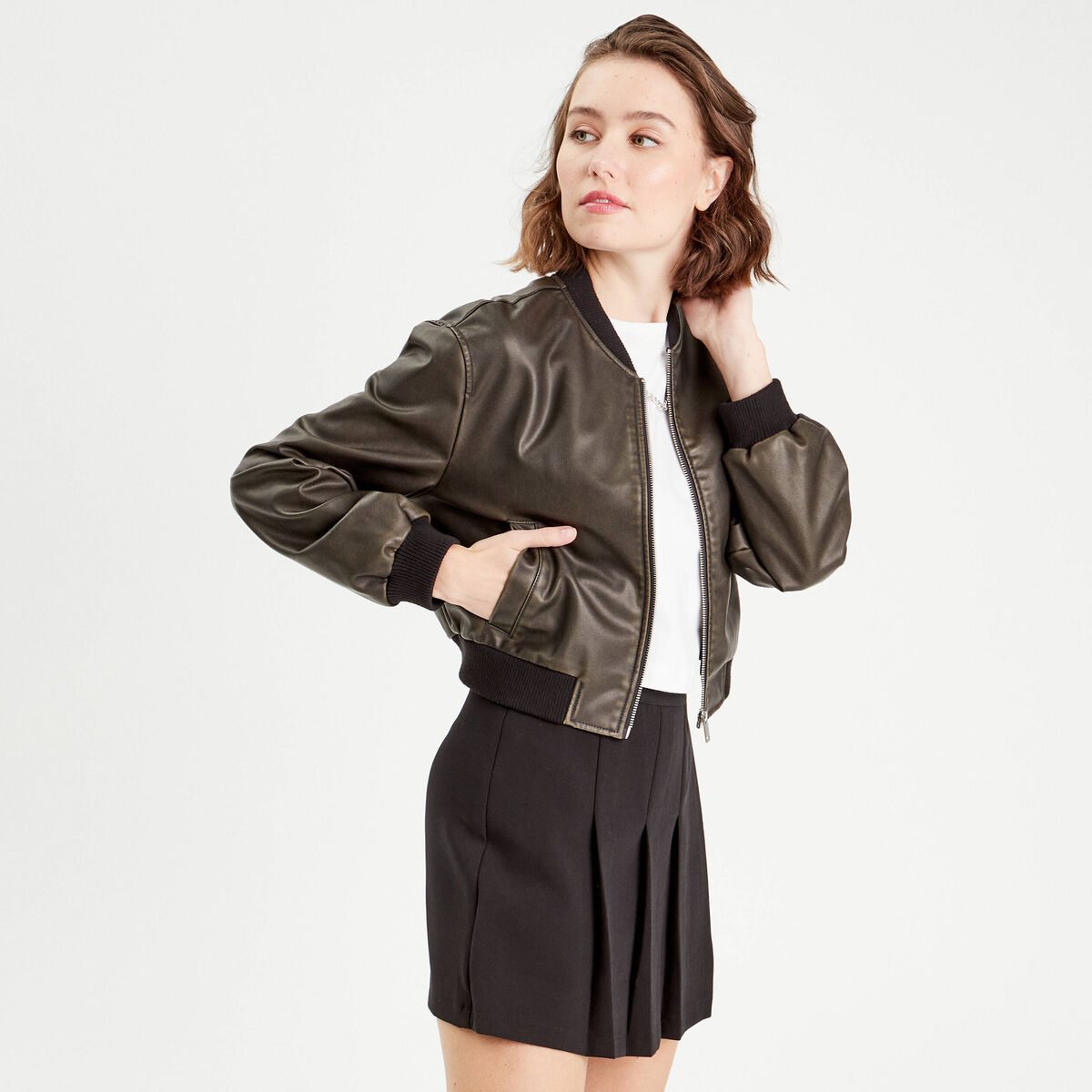 Veste bomber simili cuir noir femme