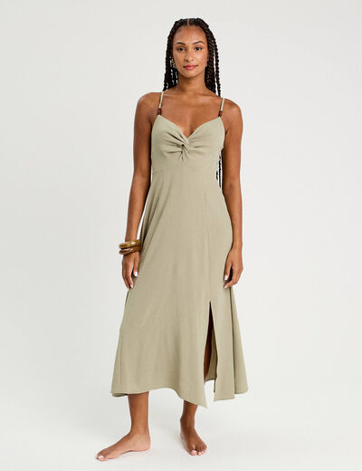 Robe longue &eacute;vas&eacute;e fendue vert kaki femme