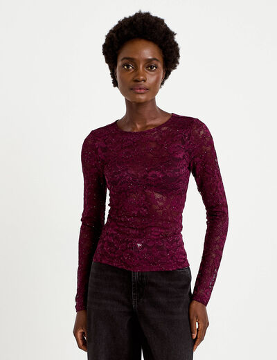 Top ajust&eacute; manches longues dentelle prune femme