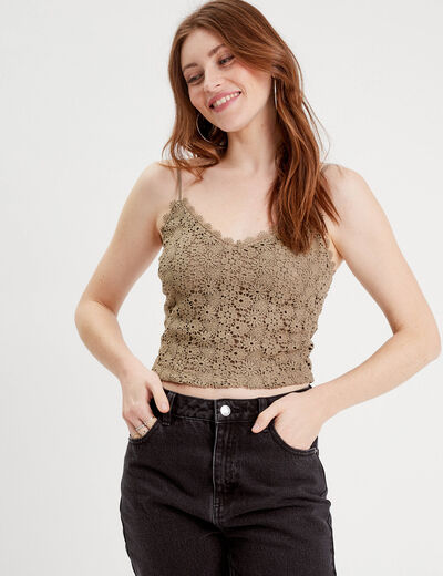 Débardeur cropped macramé vert kaki femme