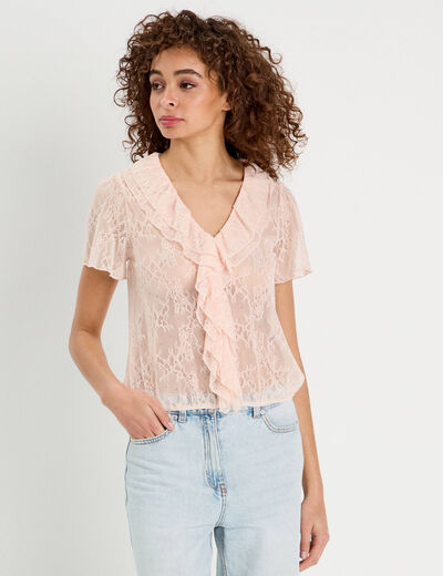 Top dentelle et volants rose clair femme