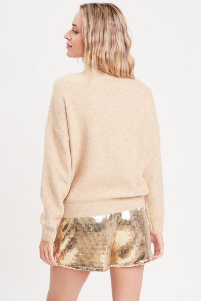 Pull manches longues sequins beige femme