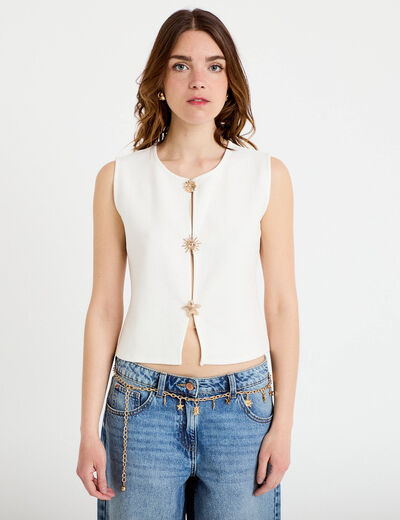 Gilet sans manches col rond ecru femme
