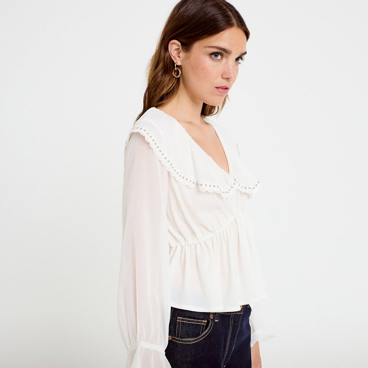 Blouse col claudine bas resserr&eacute; ecru femme
