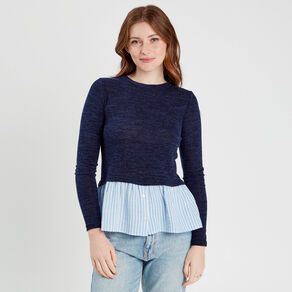 pull effet 2 en 1 chemise bleu marine femme Pull effet 2-en-1 chemise bleu marine femme