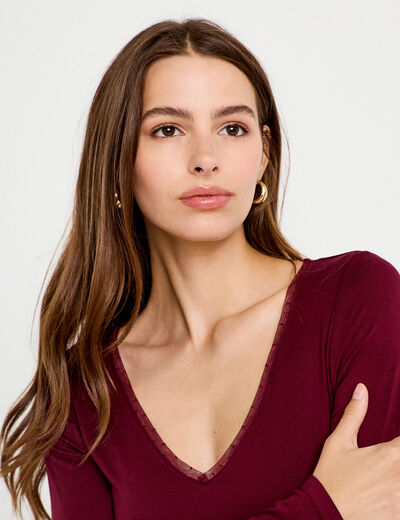 T-shirt thermique col en V plumetis bordeaux femme