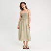 Robe midi évasée smockée vert kaki femme