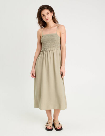 Robe midi évasée smockée vert kaki femme