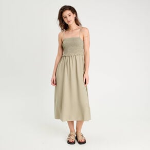 robe midi evasee smockee vert kaki femme Robe midi évasée smockée vert kaki femme