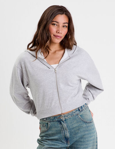 Sweat zipp&eacute; &agrave; capuche gris clair femme