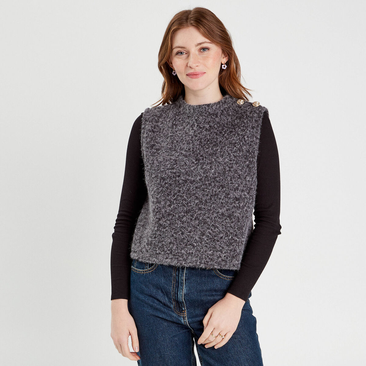 Pull sans manches gris foncé femme