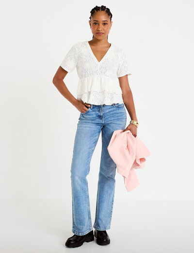 Blouse d&eacute;collet&eacute; manches courtes ecru femme