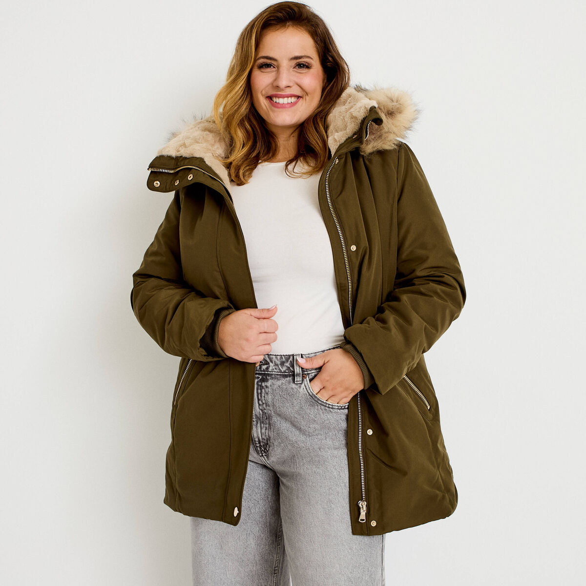 Parka &agrave; capuche fausse fourrure vert kaki femme