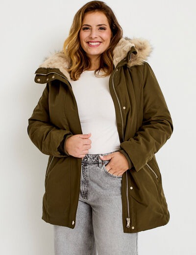 Parka &agrave; capuche fausse fourrure vert kaki femme