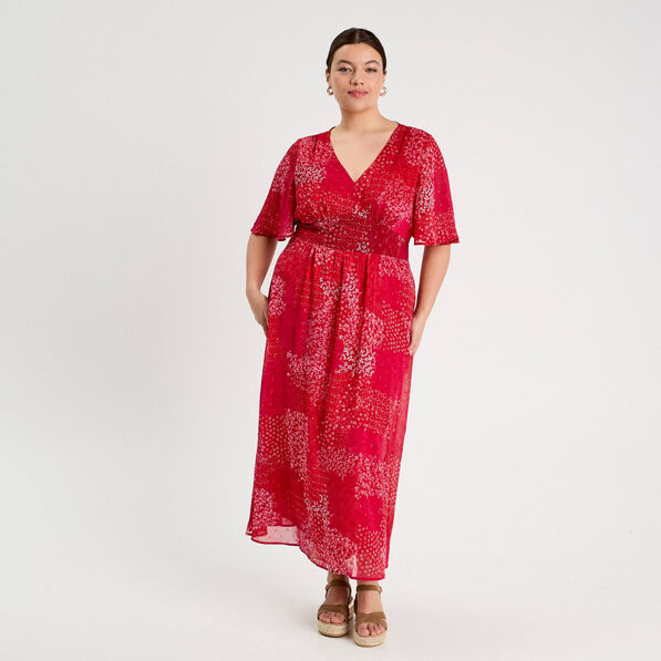 Robe longue évasée col en V rouge femme