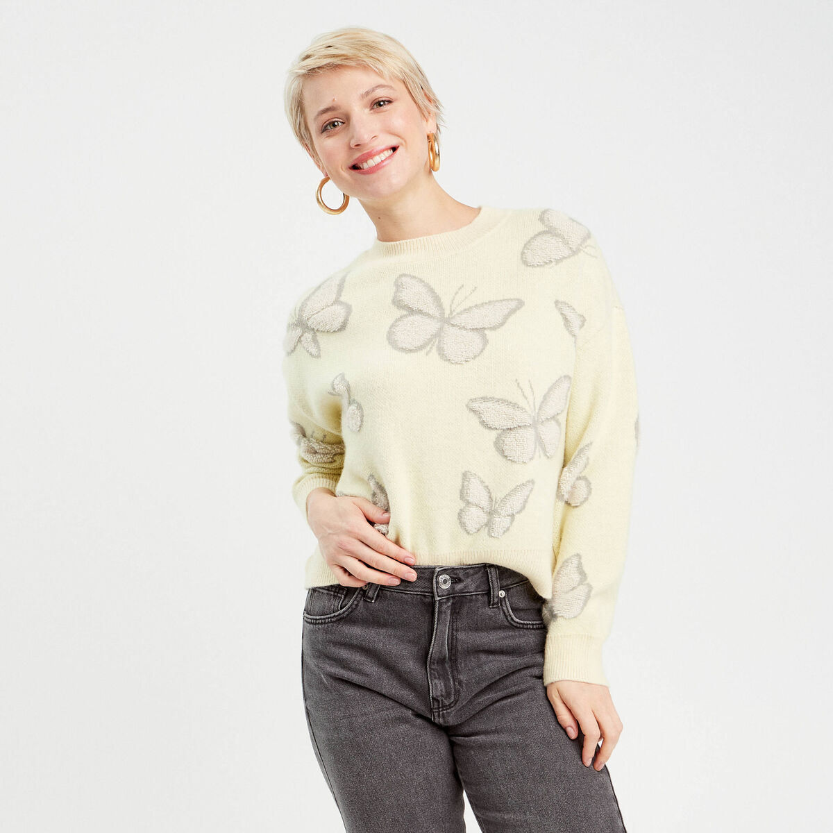 Pull manches longues jaune clair femme