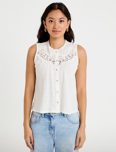 Blouse sans manches plastron brod&eacute; ecru femme