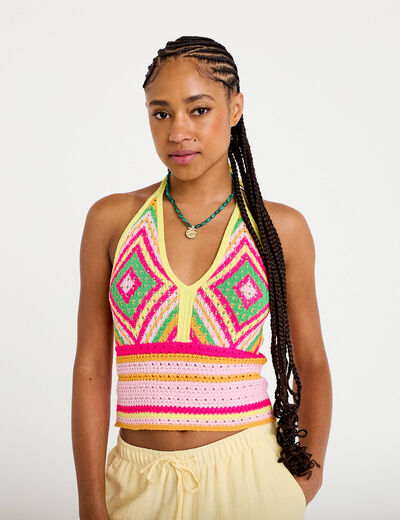 D&eacute;bardeur crochet cropped multicolore femme