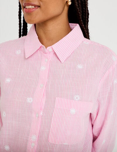Chemise brod&eacute;e manches longues rose femme