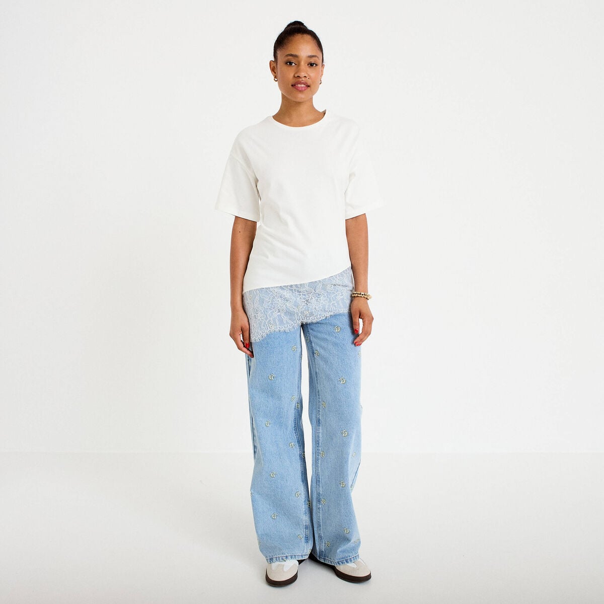 T-shirt oversize longue dentelle ecru femme
