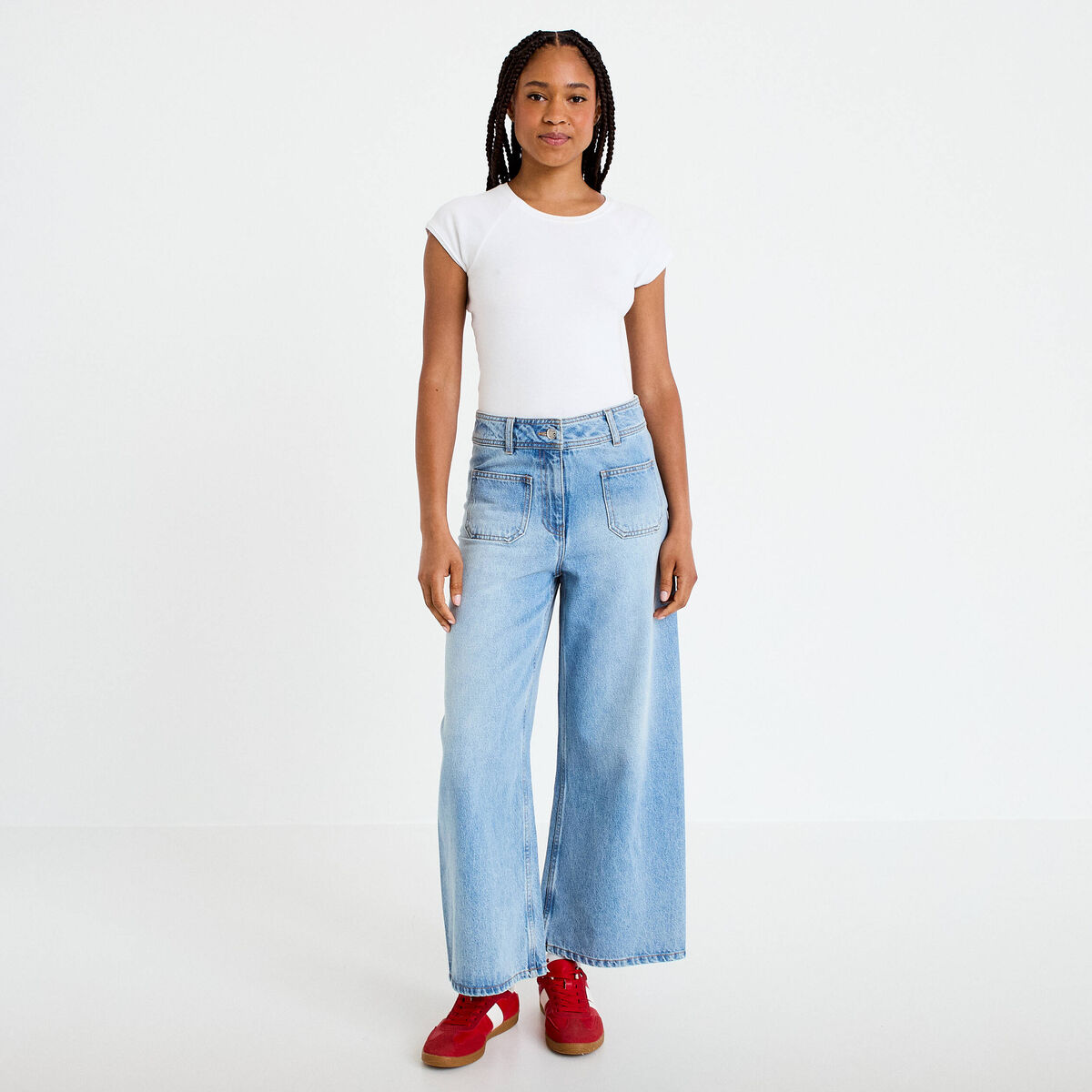 Jean wide leg cropped taille haute denim triple stone femme