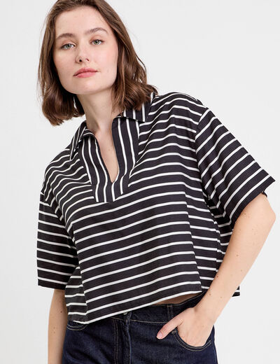 Blouse col V manches courtes noir femme