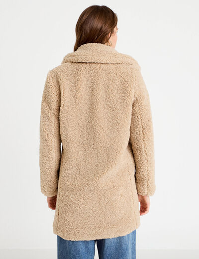 Manteau droit mi-long en bouclette beige femme