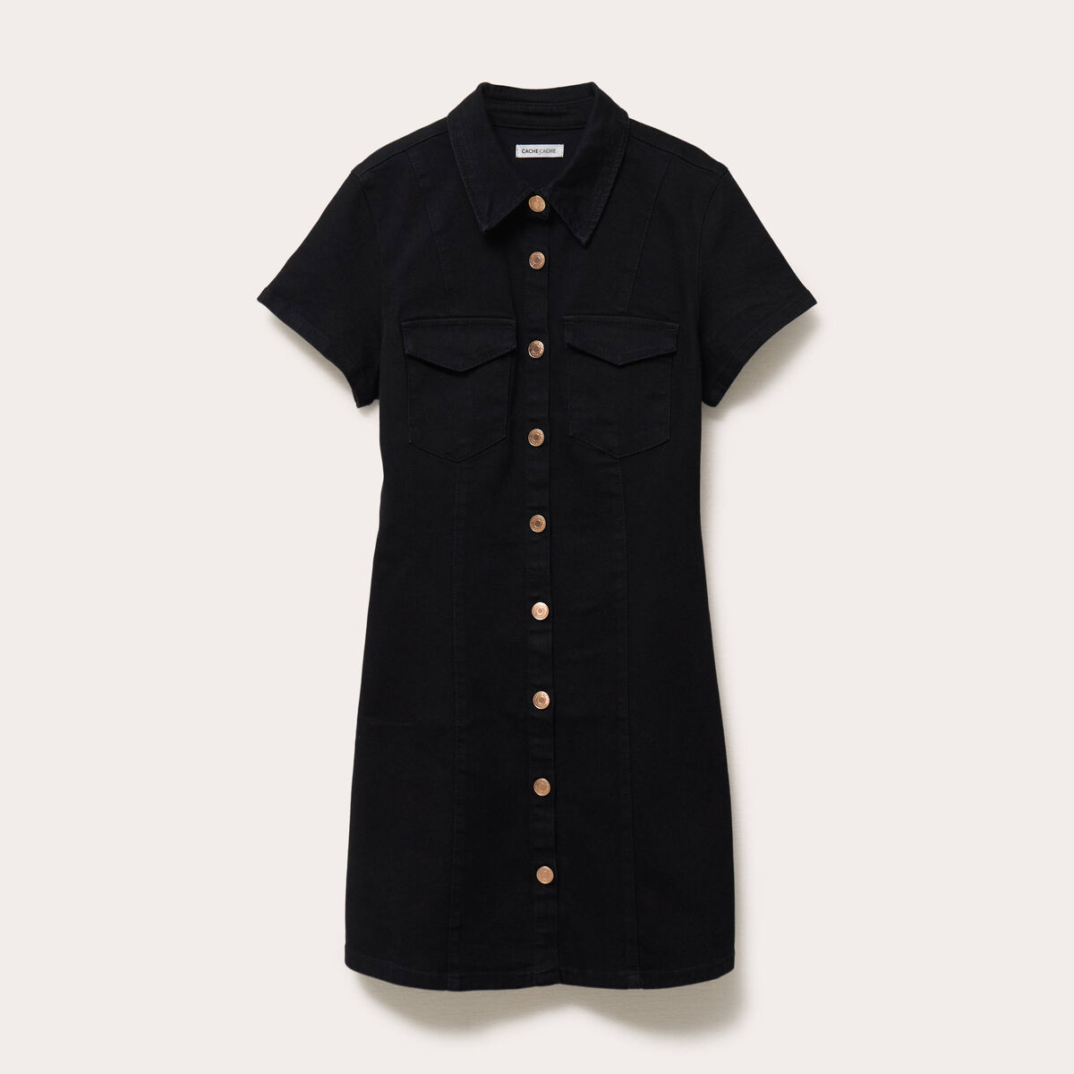 Robe courte trap&egrave;ze en jean col chemise noir femme