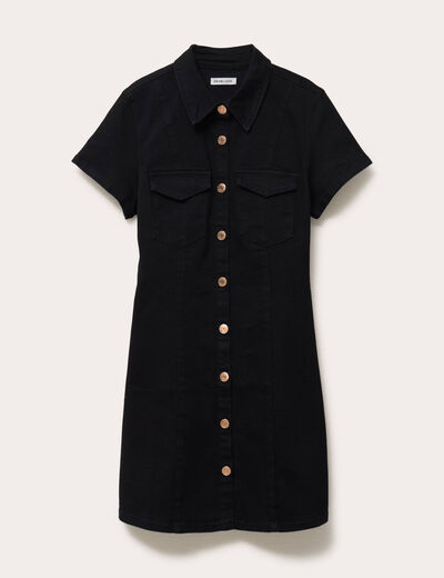Robe courte trap&egrave;ze en jean col chemise noir femme