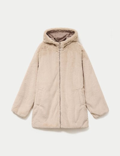 Parka r&eacute;versible 3/4 &agrave; capuche beige femme
