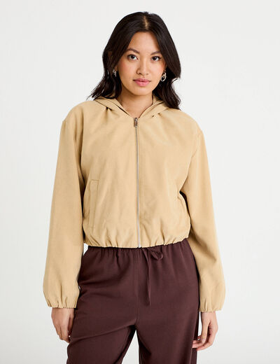 Veste cropped &agrave; capuche manches longues beige femme