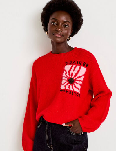 Pull ample col rond manches longues rouge femme