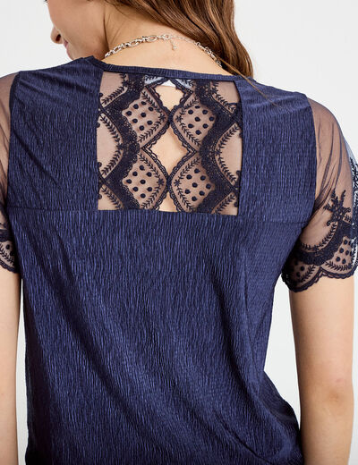 Blouse col v manches courtes dentelle bleu marine femme