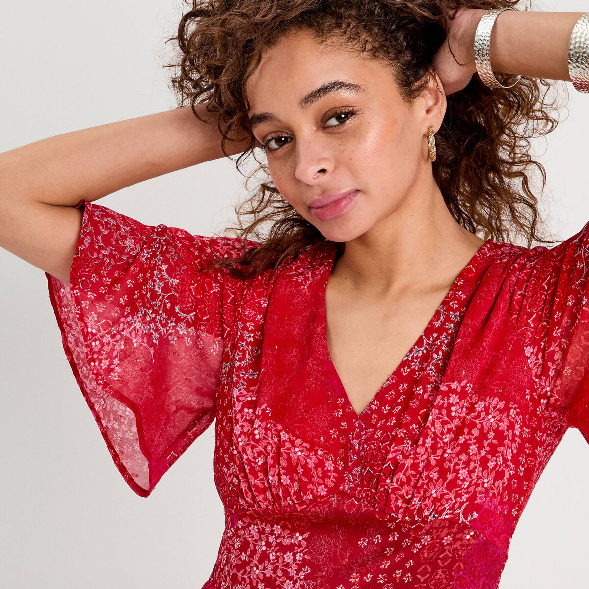 Robe longue évasée col en V rouge femme