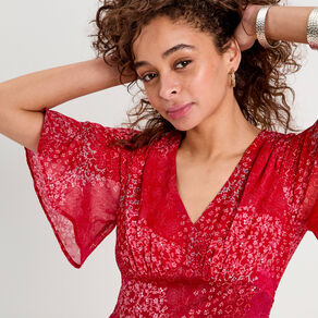 Robe longue évasée col en V rouge femme